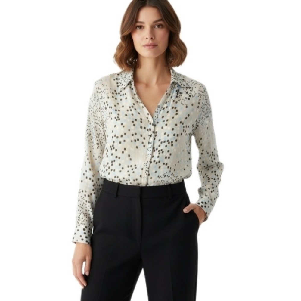Worthington Women's Button Down Shirt - Cream and Brown Pattern